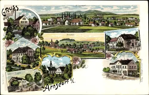 Litho Arnsdorf Vierkirchen Oberlausitz, Dampfmühle, Schloss, Brauerei, Post Agentur, Geschäft