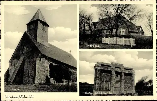 Ak Osterhever in Nordfriesland, Kirche, Hauberg, Gefallenenehrenmal