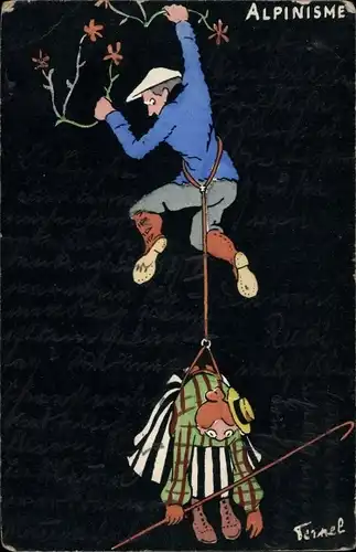 Künstler Ak Fernel, Alpinisme, Bergsteiger zieht Frau den Berg hoch
