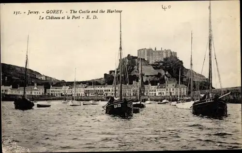 Ak Gorey Kanalinsel Jersey, The castle and the harbour, sailboats