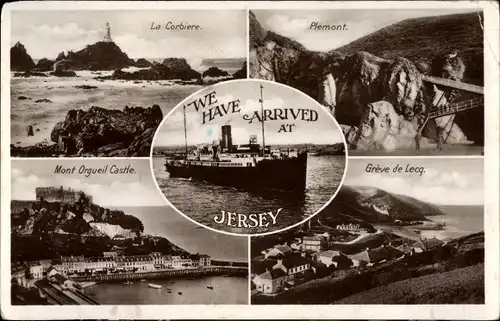 Ak Kanalinsel Jersey, La Corbiere, Plemont, Mont Orgueil Castle, Greve de Lecq, Steamer