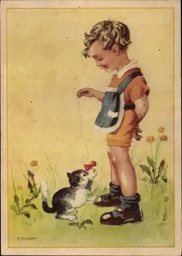Künstler Ak Junge spielt mit seiner Katze