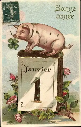 Präge Litho Glückwunsch Neujahr, Schwein auf einem Kalender, Rosen, Kleeblatt