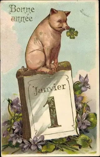 Präge Litho Glückwunsch Neujahr, Schwein auf einem Kalender, Veilchen, Kleeblatt