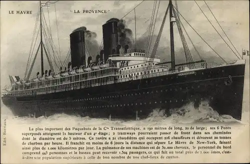 Ak Dampfschiff La Provence, CGT, French Line