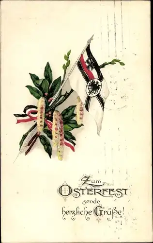 Ak Glückwunsch, Ostern, Weidenkätzchen, Reichskriegsflagge, Patriotismus