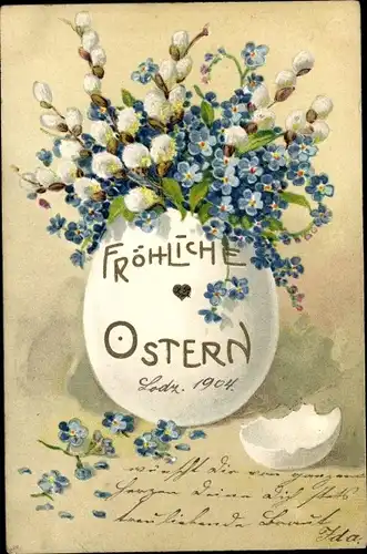 Ak Glückwunsch, Ostern, Weidenkätzchen, Blumen, Osterei als Vase