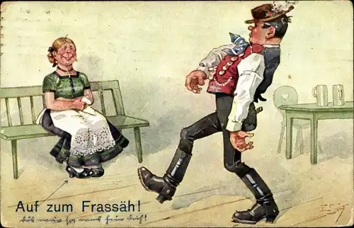 Künstler Ak Betrunkener mit Frau, Auf zum Frassäh, Bayerische Tracht