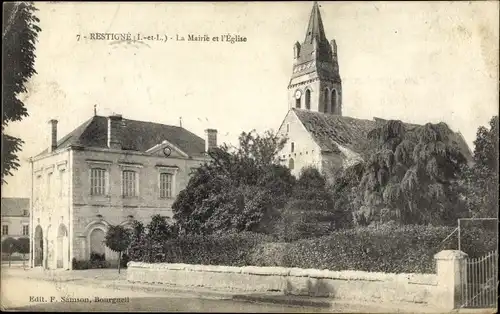 Ak Restigne Indre et Loire, La Mairie et l'Eglise