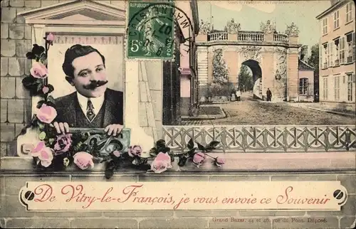 Ak Vitry le François Marne, Tor, Rosen, Mann am Fenster, Souvenir