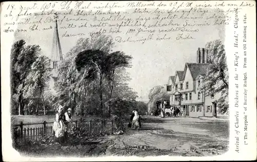 Künstler Ak Chigwell East England, Arrival of Charles Dickens at the Kings Head