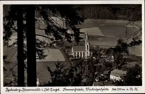 Ak Rechenberg Bienenmühle Erzgebirge, Kirche aus dem Wald gesehen