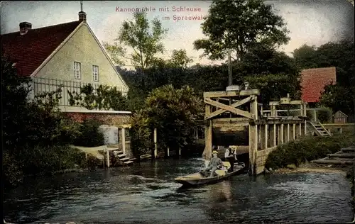 Ak Kannomühle Alt Zauche Wußwerk am Spreewald, Schleuse, Bootsfahrt