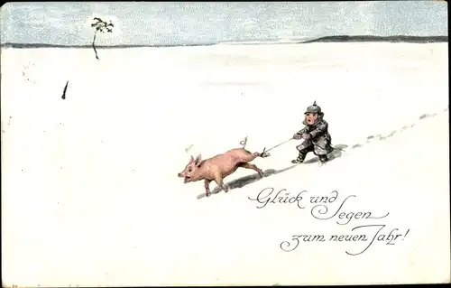 Ak Glückwunsch Neujahr, Soldat hält Schwein am Bein fest
