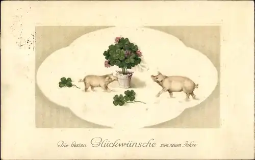 Präge Ak Glückwunsch Neujahr, Zwei Schweine, Kleeblätter im Blumentopf
