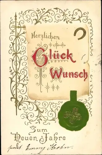 Ak Glückwunsch, Neujahr, Kleeblatt als Siegel, Hufeisen