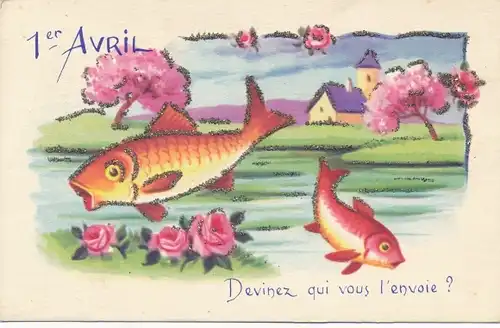 Glitzer Ak Glückwunsch, 1. April, Fische, Devinez qui vous l'envoie