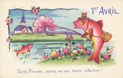 Glitzer Ak Glückwunsch, 1. April, Fische, Petits Poissons , portez ma plus tendre affection