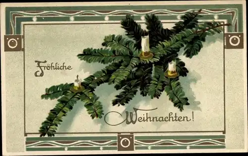 Passepartout Ak Glückwunsch Weihnachten, Kerzen, Tannenbaumzweig