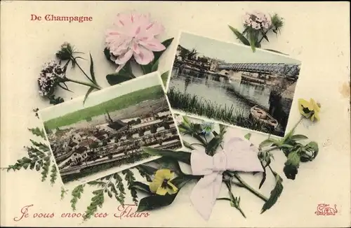Ak Champagne Marne, Brücke, Panorama vom Ort, Blumen