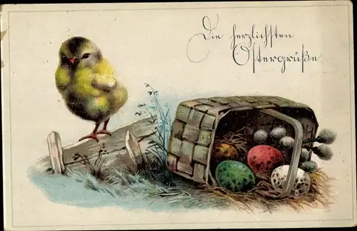 Ak Glückwunsch, Ostern, Küken, Weidenkätzchen und Ostereier in einem Korb