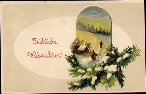 Ak Glückwunsch Weihnachten, Dorfpartie, Tannenbaumzweig