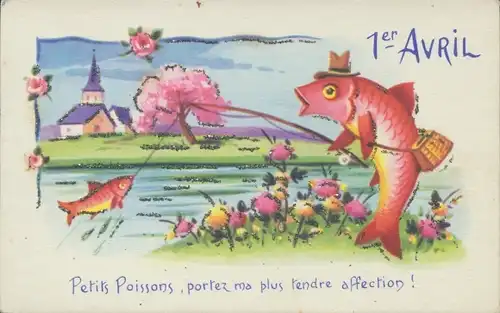 Glitzer Ak Glückwunsch 1.April, Ein Goldfisch am Angeln