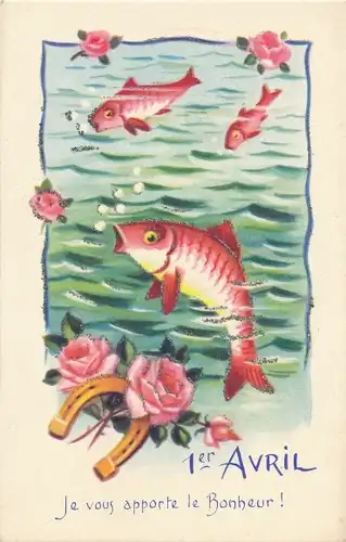 Glitzer Ak Glückwunsch 1. April, Fische im Wasser, Hufeisen, Rosen