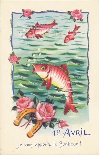 Glitzer Ak Glückwunsch 1. April, Fische im Wasser, Hufeisen, Rosen