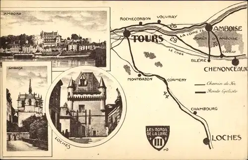 Landkarten Ak Tours Indre et Loire, Amboise, Loches, Chateaux