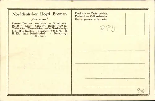 Ak Dampfer Gneisenau, Norddeutscher Lloyd Bremen, Doppelschraubenturbinenschnelldampfer