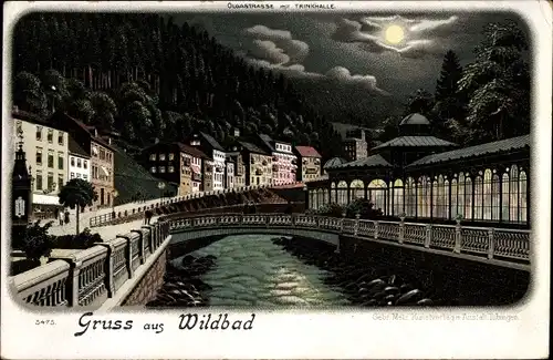 Mondschein Litho Bad Wildbad im Schwarzwald, Olgastraße, Trinkhalle