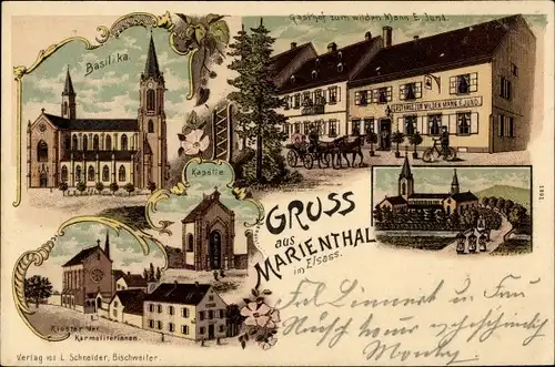 Litho Marienthal Haguenau Hagenau Elsass Bas Rhin, Gasthof zum wilden Mann, Basilika, Kloster