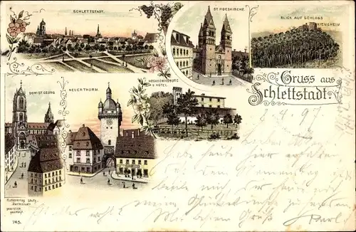 Litho Sélestat Schlettstadt Elsass Bas Rhin, St Fideskirche, Dom St. Georg, Burg, Schloss, Hotel
