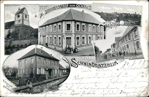 Ak Schwindratzheim Elsass Bas Rhin, Gasthof zum Ochsen, Pfarrhaus, Kirche, Steinstraße, Postgebäude