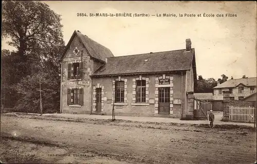 Ak Saint Mars la Brière Sarthe, La Mairie, la Poste, Ecole des Filles