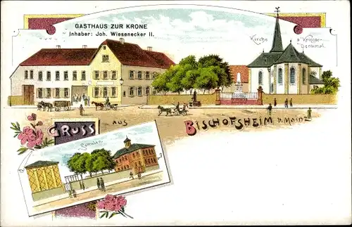 Litho Bischofsheim Mainspitze Hessen, Gasthaus zur Krone, Kirche, Kriegedenkmal, Schulen
