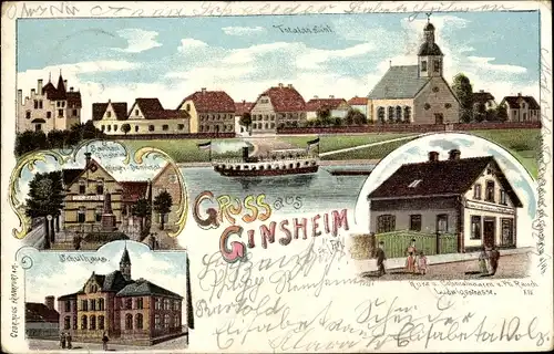 Litho Ginsheim Hessen, Kolonialwaren, Ludwigsstraße, Schulhaus, Kriegerdenkmal, Salondampfer