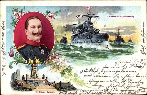 Litho Porträt Kaiser Wilhelm II., Kyffhäuser Denkmal, Panzerschiff Brandenburg