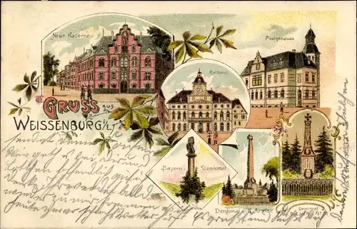 Litho Wissembourg Weißenburg Elsass Bas Rhin, Neue Kaserne, Postgebäude, Rathaus, Bayern Denkmal