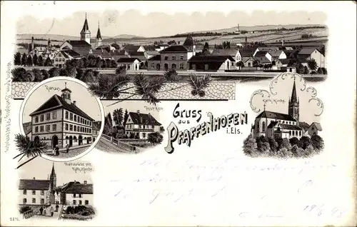 Litho Pfaffenhofen Bas-Rhin, Rathaus, Postamt, katholische Kirche, Brücke