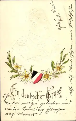 Präge Litho Porträt Kaiser Wilhelm II., deutscher Gruß