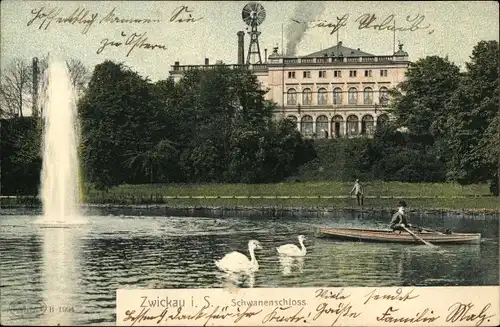 Ak Zwickau in Sachsen, Schwanenschloss, Schwäne, Wasserpartie, Bootsfahrt