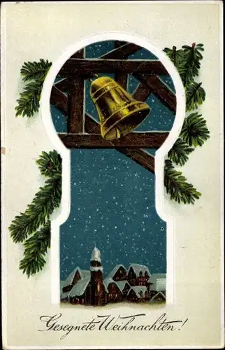 Ak Glückwunsch Weihnachten, Glocke, Tannenbaum, Kirche