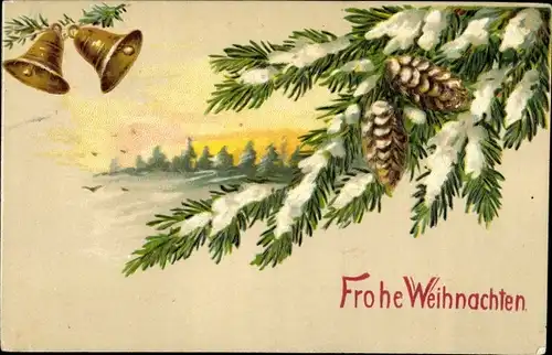 Ak Glückwunsch, Weihnachten, Glocken, Tannenzweig, Landschaftsansicht