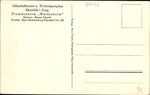 Ak Bärenfels Altenberg im Erzgebirge, Fremdenheim Waldesheim