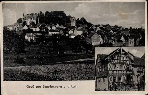 Ak Staufenberg an der Lahn Hessen, Fachwerkhaus, Blick auf den Ort