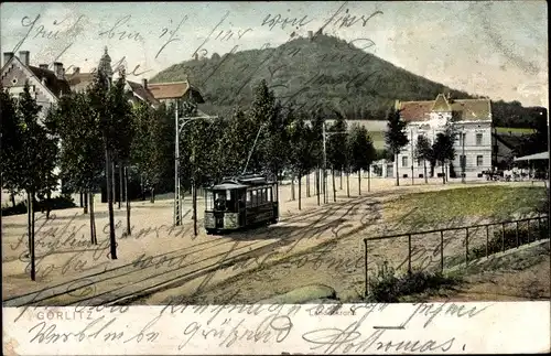 Ak Görlitz in der Lausitz, Landeskrone, Straßenbahn