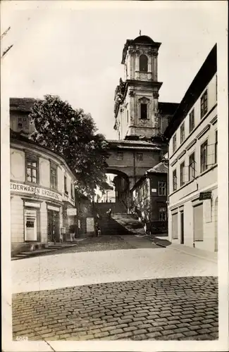 Ak Litoměřice Leitmeritz Region Aussig, Straßenpartie, Kirche, Lederwarenhandlung