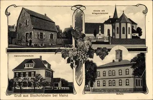 Ak Bischofsheim Mainspitze Hessen, Kirche, Kriegerdenkmal, Handwerkerschule, Schule